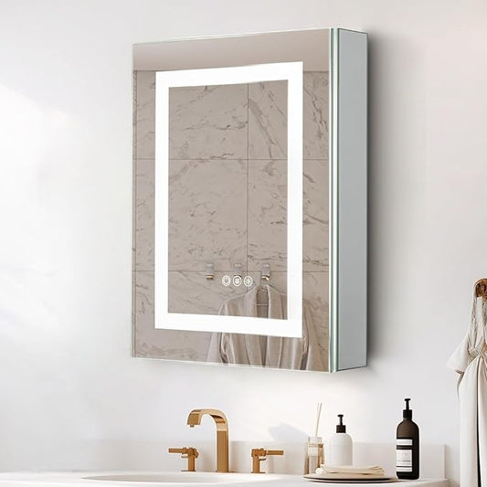 20x 26 LED Lighted Medicine Cabinet with Lights, Recessed or Surface Wall Mount Medicine Cabinet Mirror for Bathroom with Storage, Outlets & USB, Tempered Glass, 3-Color Dimming, Adjustable Shelf