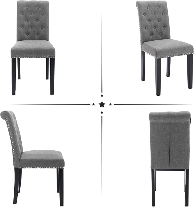 Westice Dining Room Chairs Set of 2 Upholstered Fabric Kitchen Chairs Dining Room Side Chair with Nailhead Trim and Rubber Wood Legs for Small Space Apartment, Gray