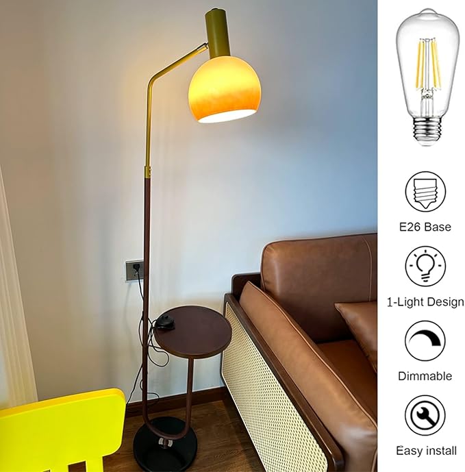MIXL-Rustic Floor Lamp with Table,Glass Shade Floor Light with Foot Switch,Art Deco Bedside Reading Lamp,Mid Century Modern Standing Lamp for Study Room Office and Corner