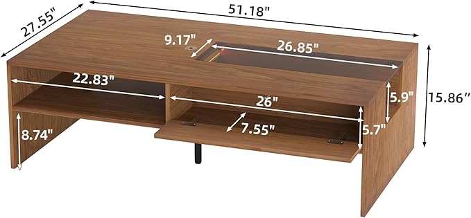 Modern Wood Coffee Table with LED Lights, 51.18" Rectangular Living Room Center Table with Glass Display, Hidden Compartment & Open Storage Shelves, Contemporary Coffee Table for Home Décor