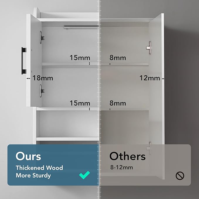 Bathroom Wall Cabinet with Door, Over The Toilet Wood Hanging Medicine Cabinets with DIY Lighting for Laundry Room Kitchen Storage