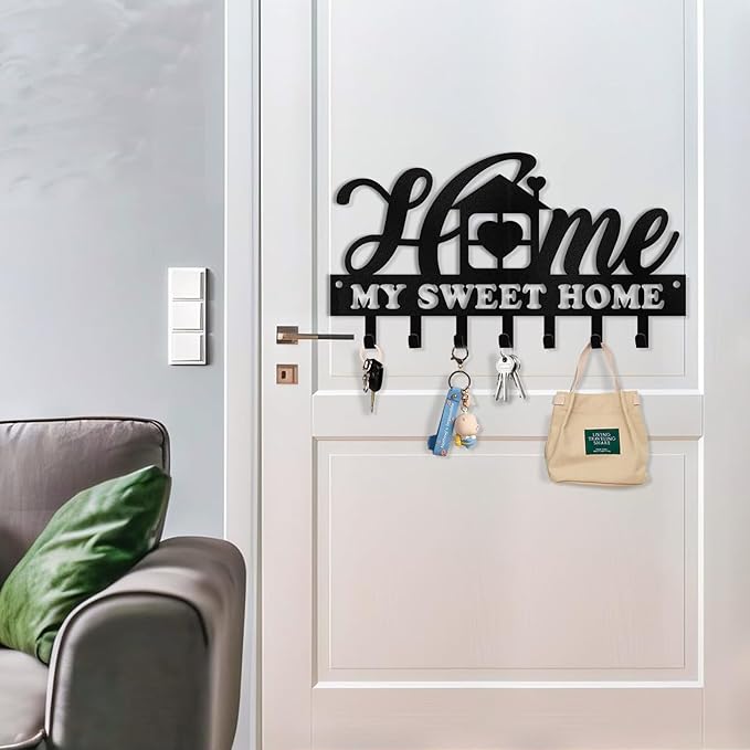 Personalized Sweet Home Key Holder - Black Metal Key Hanger Wall Decorative, Organizer with Hooks, Housewarming Gifts