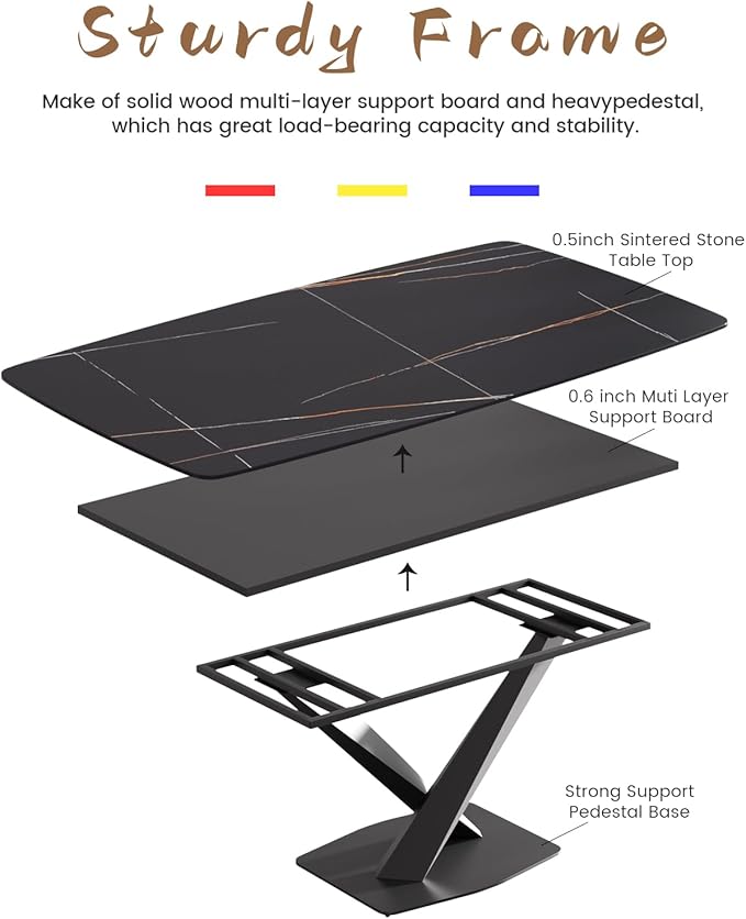 Modern Rectangle Marble Dining Table for 6,63" Black Marble Sintered Stone Top Dining Table,Rectangle Marble Dining Room Table with X-Shape Carbon Steel Pedestal for Kitchen/Living Room(Table Only)