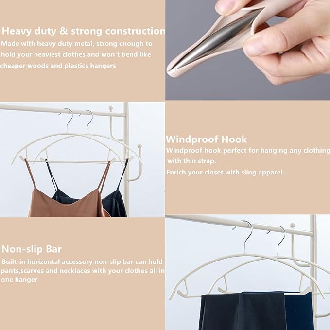 16.5 Inch Ivory No Shoulder Bumps No Mark Non-Slip Rubber Coated Contour Meta Hanger for Sweater T-Shirt Suit Coat Uniform with Pants Bar Pack of 20