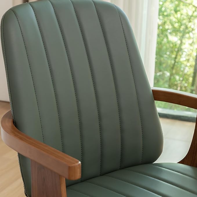 MCM Dining Chairs, Set of 4 Mid Century Modern Chairs with Walnut Craftsmanship, Upholstered Faux Leather, Wooden Arms and Legs, Faux Leather Dining Chairs for Kitchen/Living Room - Green