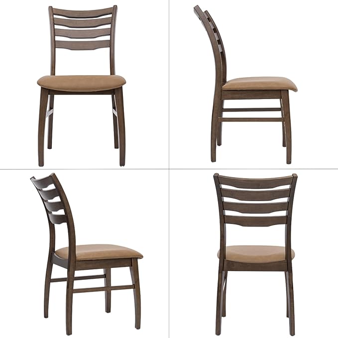DUOMAY Farmhouse Dining Chairs Set of 2, PU Brown Upholstered Side Chairs Solid Wood Ladder Back Kitchen Chairs for Home Dining Room, Walnut Frame