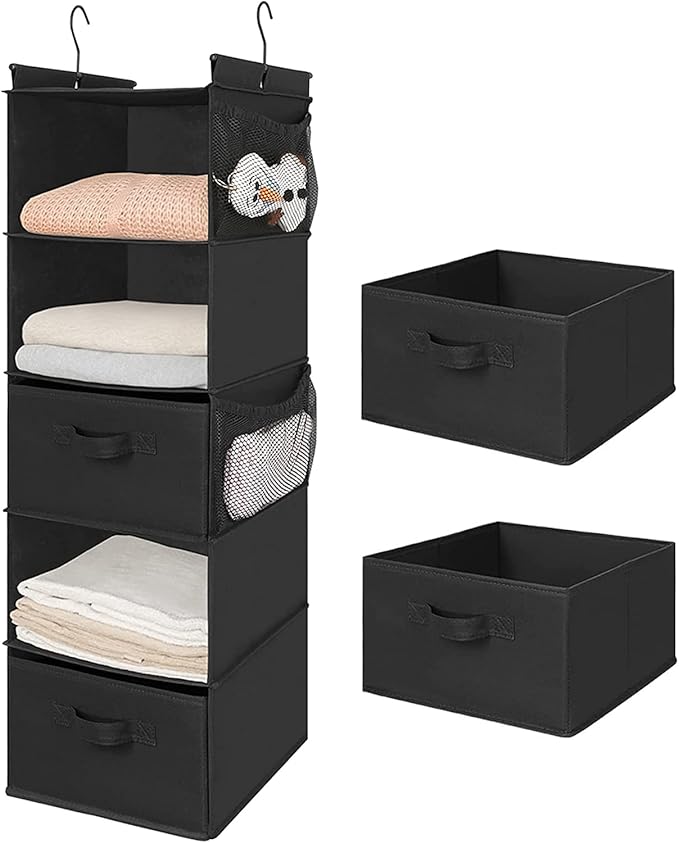 MAX Houser 5 Tier Shelf Hanging Closet Organizer, Cloth Hanging Shelf with 2 Sturdy Hooks for Storage, Foldable (Black-D2)