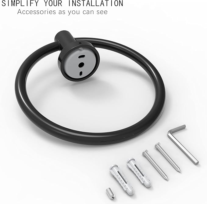 Matte Black 2 Pack Towel Ring, Hand Towel Holder for Bathroom Kitchen Modern Rounded Base Wall Mount SUS304 Stainless Steel, 180° Rotation