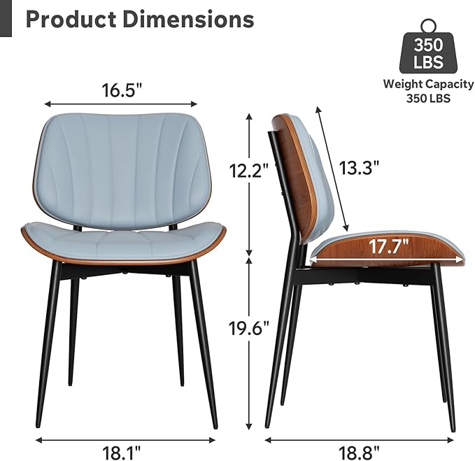 Dining Chairs Set of 4, Mid Century Modern Dining Room Chair, Upholstered Faux Leather Kitchen Chairs with Walnut Bentwood Back and Metal Legs for Kitchen Dining Room Living Room, Blue