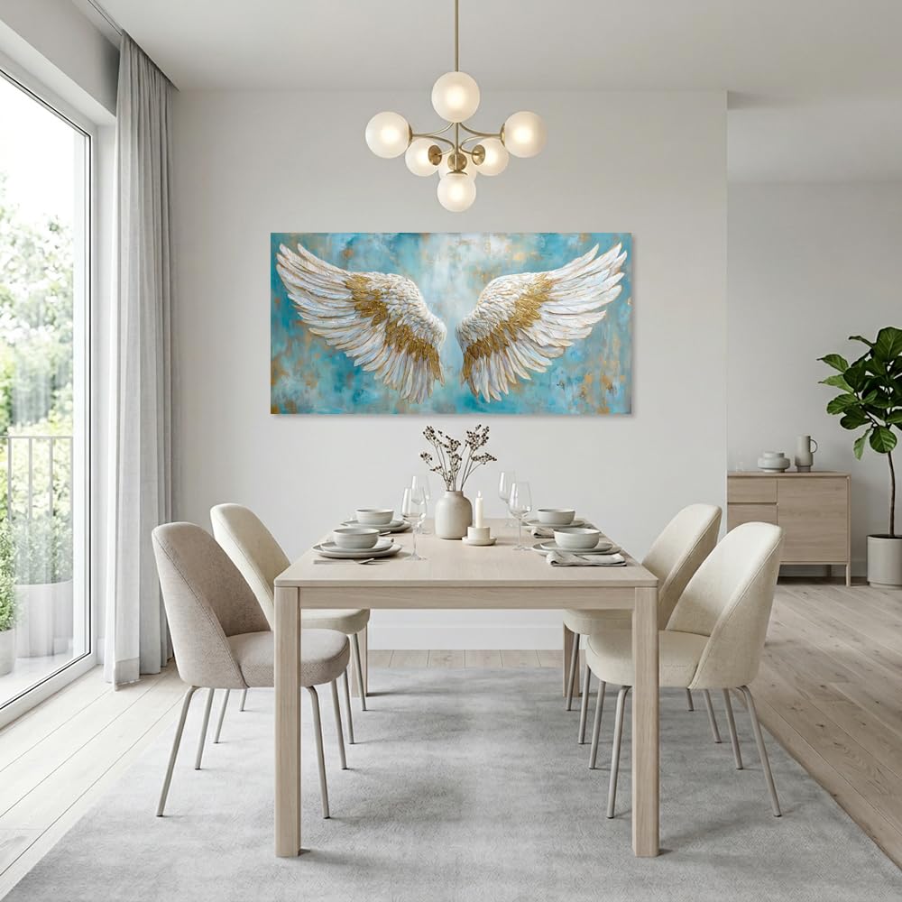 TEKMENT White Angel Wings Wall Art for Bedroom Oil Painting Canvas Prints Beautiful Blue Anime Art Deco Elegant Artwork Office Family Decor