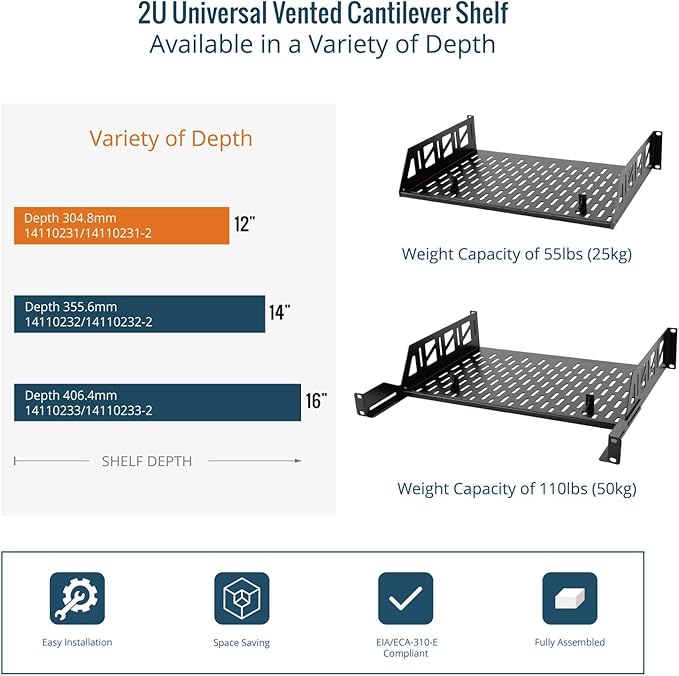 Tecmojo 2U Rack Shelf,19 inch Server Rack Shelf 12 inch Depth,Weight Capacity 110Lbs/50kg,Rack Mount Shelf for 19" Network Racks & Cabinets,with Complete Accessories (2Pack)