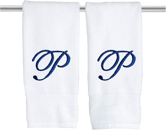 White Monogrammed Hand Towels for Bathroom - Luxury Hotel Quality Personalized Initial Embroidered Towel for Powder Room, Spa - GOTS Organic Certified - Pack of 2 Navy, Letter P