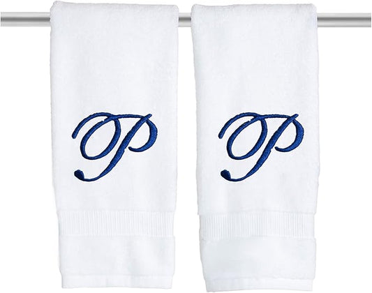 White Monogrammed Hand Towels for Bathroom - Luxury Hotel Quality Personalized Initial Embroidered Towel for Powder Room, Spa - GOTS Organic Certified - Pack of 2 Navy, Letter P