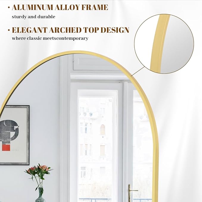 Koonmi 34"x76" Arched Full Length Mirror, Gold Large Floor Mirror with Aluminum Alloy Frame, Standing, Hanging or Leaning Wall-Mounted Vanity Mirror for Living Room and Bedroom