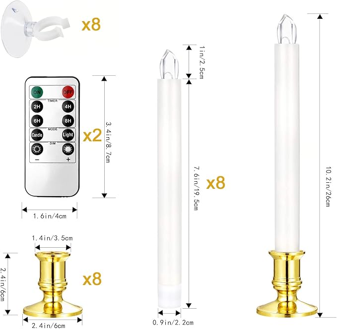 YAUNGEL Window Candles, 8 Pack LED Battery Operated Christmas Candles for Windows with Remote Timer Electric Candle Lights with Removable Candle Holders Suction Cups for Christmas Decorations