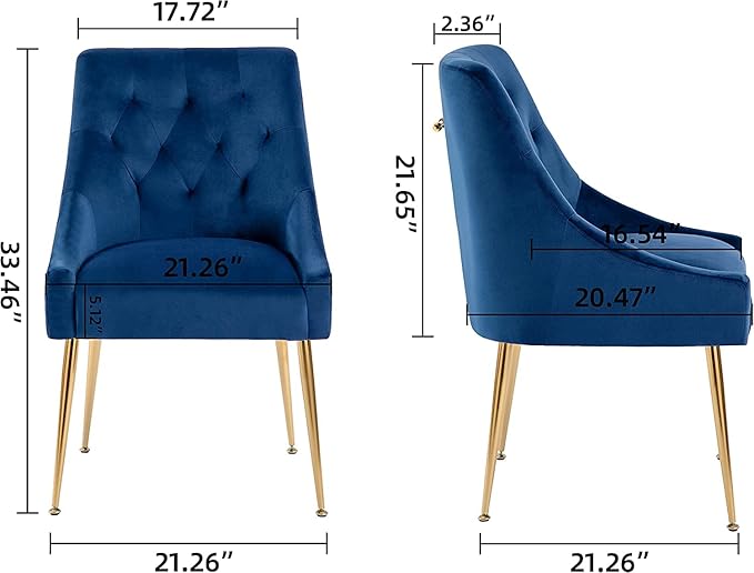 Modern Dining Chair Set of 4, Mid-Century Room Chair, Upholstered Comfortable Velvet with Back Pull Rod and Metal Legs for Kitchen, Dining, Living (Blue) (DYXSD)