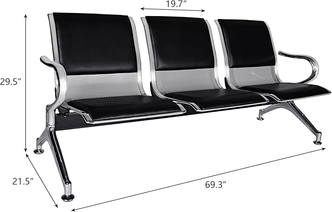 Kinfant 3-Seat Waiting Room Bench Set - PU Leather Office Chair Guest Reception Waiting Room Chair for Airport, Hospital, Bank, Salon, Barbershop(Black, Set of 2)