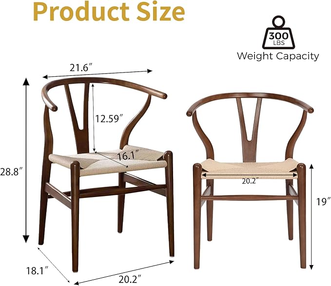 Wishbone Chair Natural Solid Wood Dining Chair/Hans Vegner Y Chair Rattan and Wood Accent Armrest Chairs (Ash Wood - Walnut 2 Chairs)