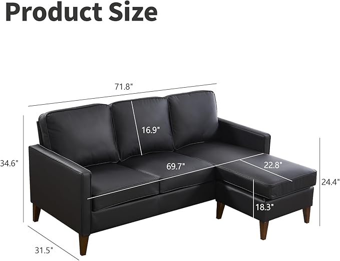 EBELLO Sectional Sofa Couch, L Shaped Couch Faux Leather with Reversible Chaise, Lounge Sofa for Living Room Apartment Small Space, Black