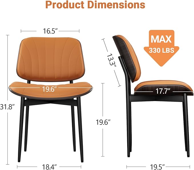 Dining Chairs Set of 2, Mid Century Modern Dining Room and Kitchen Chairs, Upholstered PU Leather Chairs with Walnut Bentwood and Metal Legs, Orange