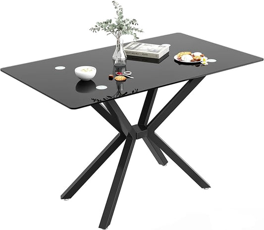 47.24" Rectangular Glass Dining Table Modern Kitchen Glass Top Table for 4 with Black Metal Legs, Clear Dining Table Kitchen Table for Home Office Dining Room