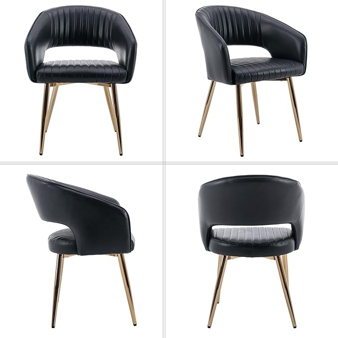 Modern Dining Chairs Set of 4, Upholstered PU Leather Gold Dining Room Chairs with Hollow Back, Accent Armrest Kitchen Chairs with Gold Legs for Living Room Black