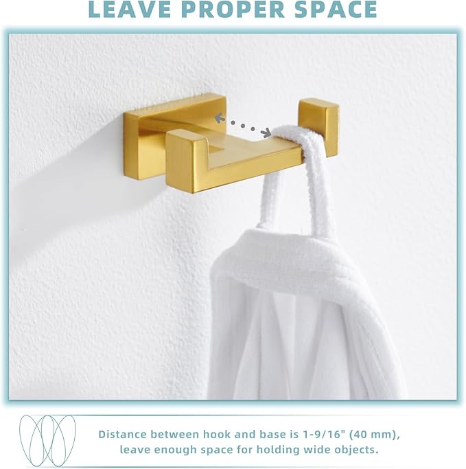 Suyar Double Towel Hook Brushed Gold, SUS304 Stainless Steel Square Coat Robe Holder, Bathroom Kitchen Towel Hanger, Wall Mounted