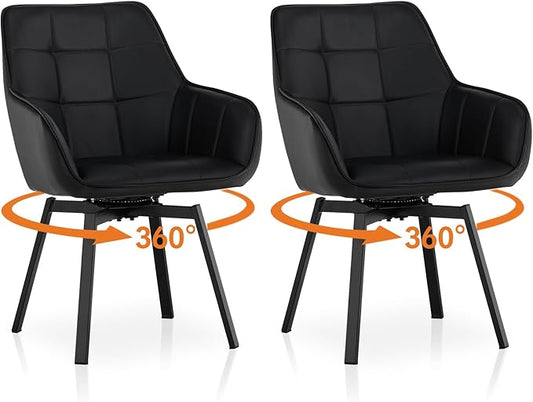 TUKAILAi Swivel Dining Chairs Set of 2, PU Armchairs Upholstered Accent Dining Chairs with Metal Legs, Rotatable Desk Chair for Home Office Kitchen Chair Restaurant (Black)