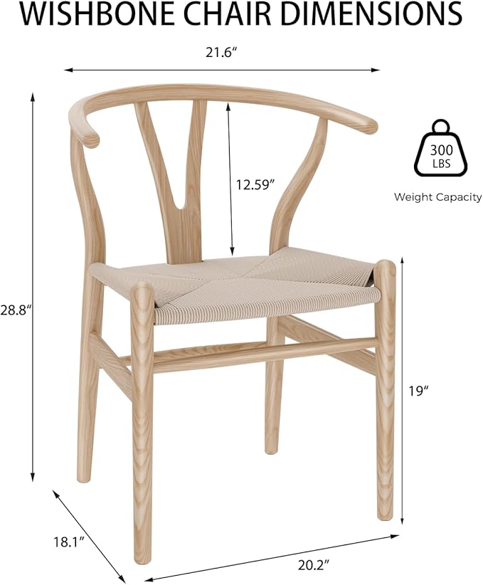 Tomile Wishbone Chair Y Chair, Wooden Dining Chairs Set of 2, Mid Century Modern Chairs with Arms, Solid Wood Weave Seat Kitchen & Dining Room Chairs (Ash Wood - Natural Wood Color)
