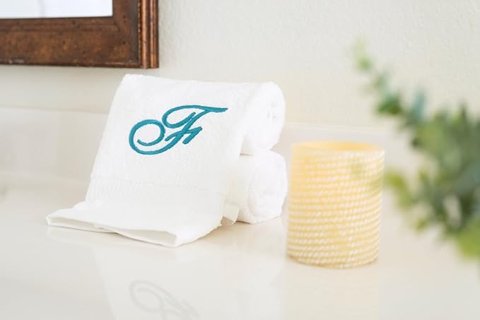 White Monogrammed Hand Towels for Bathroom - Luxury Hotel Quality Personalized Initial Embroidered Towel for Powder Room, Spa - GOTS Organic Certified - Pack of 2 Teal, Letter F
