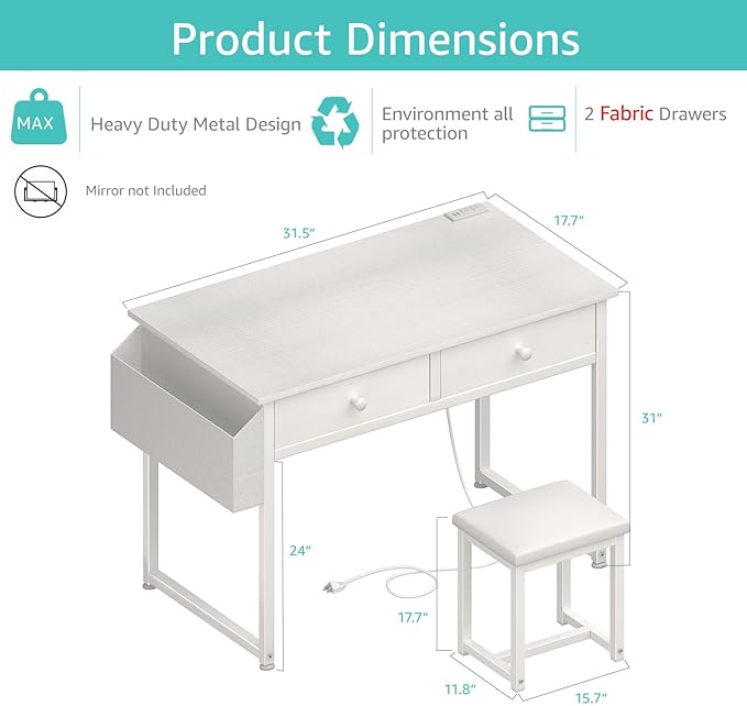White Makeup Vanity Desk No Mirror with Chair, Small Vanity Table Set with Fabric Drawers, Power Outlet & Chair Without Mirror, Modern Make Up Desk for Girls Bedroom