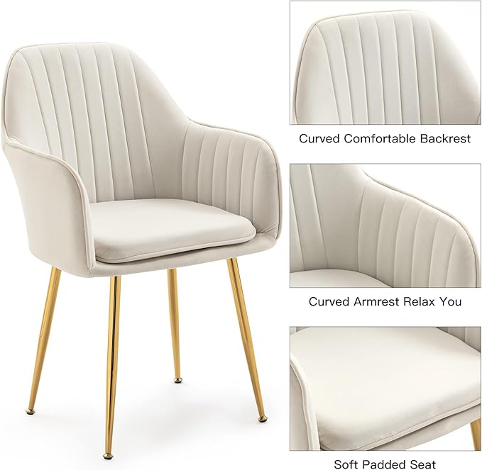 ECOTOUGE Modern Dining Chairs Set of 6, Upholstered Armchairs with Golden Metal Legs, Matte Velvet Kitchen Chairs for Dining Table, Accent Chairs for Living Room, Beige