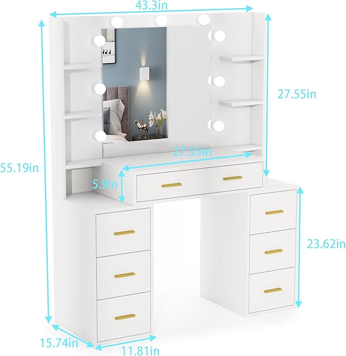 PAKASEPT Vanity Set with Lighted Mirror, 43'' Makeup Vanity with Charging Station, Vanity Desk with 9PCS LED Bulb, Storage Shelves, 7 Drawers for Bedroom(No Stool)