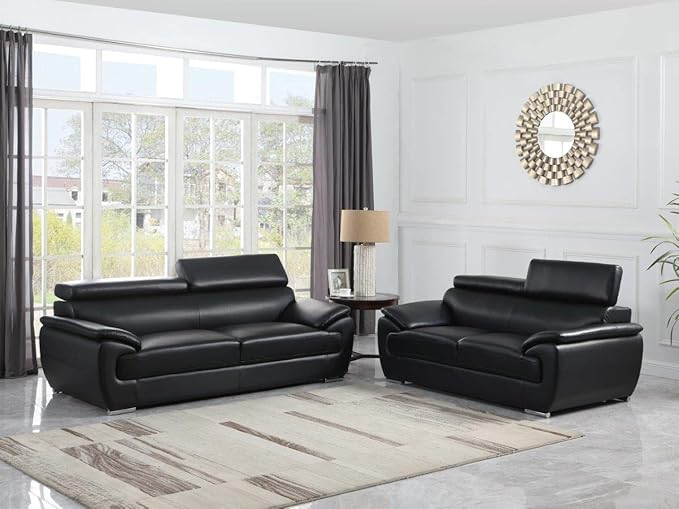 Blackjack Furniture 4571 Veal Collection Genuine Leather Couch for Living Room, Elegant Modern Design with Adjustable Headrests and Durable Wood Frame, Sofa, 86", Black