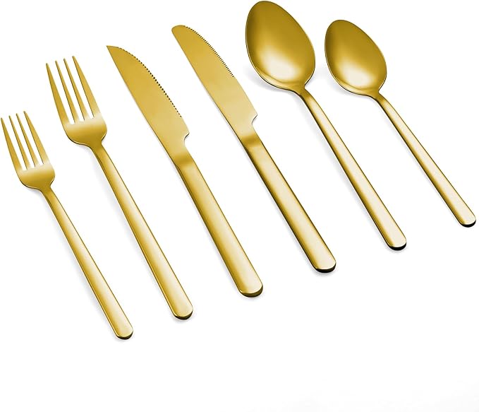 24 Pcs Gold Silverware Set with Steak Knives, Food-Grade Stainless Steel Flatware Cutlery Set for 4, Mirror Polished Tableware Eating Utensils Set for Kitchen, Knife Fork Spoon Set, Dishwasher Safe