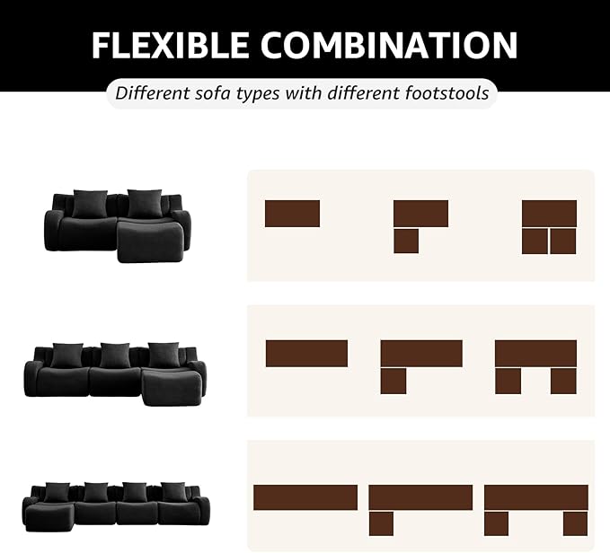 Black U-Shaped Cloud Couch with 2 Ottomans, Modern Teddy Fabric Boneless Sectional Sofa in a Box for Living Room, Modular Floor Couch, Deep Seat, No Assembly Required, Sofas para Sala