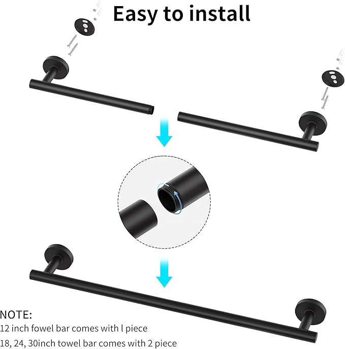 GGStudy Black Towel Rack for Bathroom, 24 Inch Towel Bar Towel Rod Towel Holder Wall Mount SUS304 Stainless Steel
