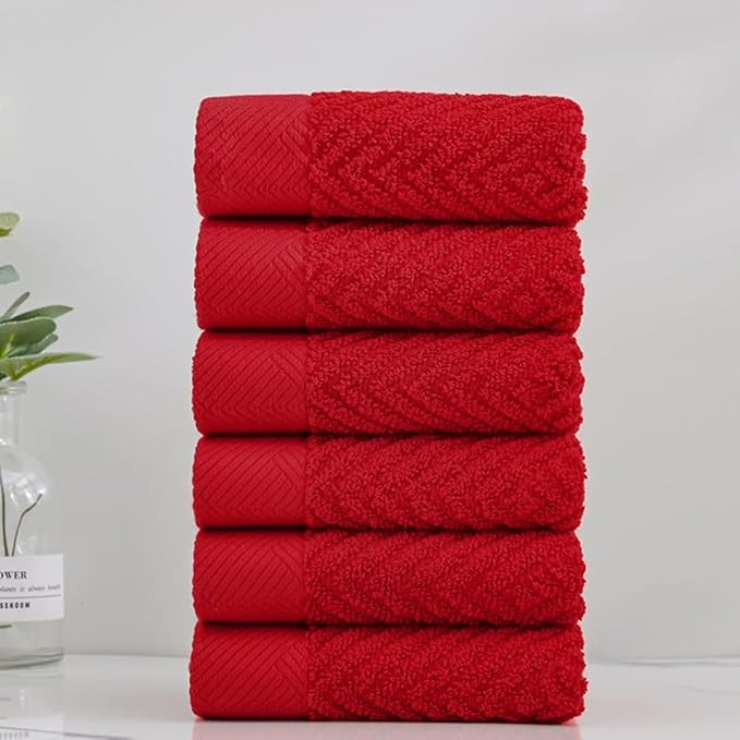 sense gnosis Red Washcloth Set of 6 Premium 100% Cotton Herringbone Striped Weave Ultra Soft Highly Absorbent Washcloth for Kitchen Home Bathroom 13 X 13 Inch