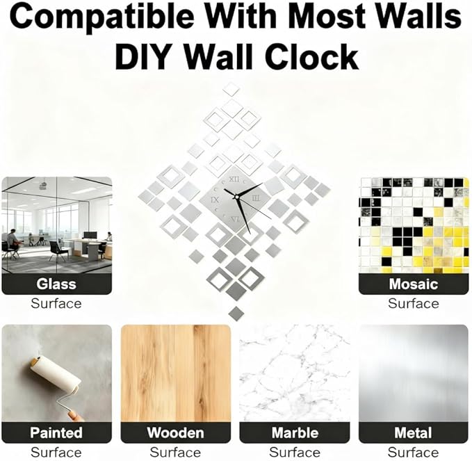 Frameless DIY Wall Clock – Large Modern 3D Mirror Wall Clock with Numbers Stickers, DIY Clock Kit for Home, Living Room, Bedroom, Office Wall Decor (Silver)