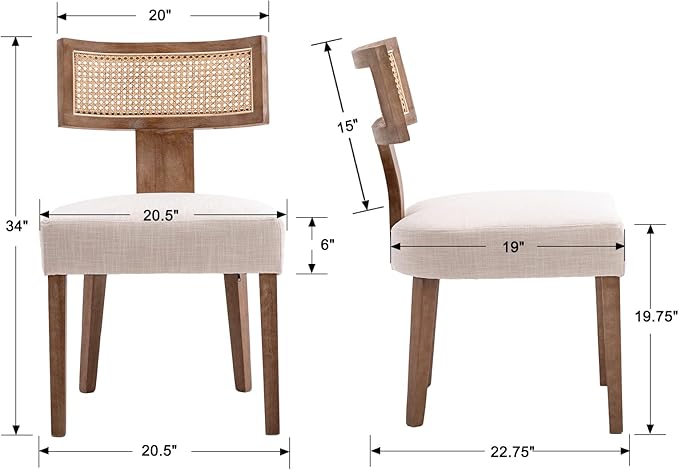 Rattan Dining Chairs Set of 6, Modern Dining Chair Kitchen Dining Room Chairs, Curved Cane Back Upholstered Linen Fabric Dining Chair with Wood Frame, Beige