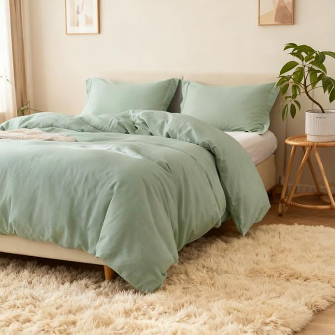 Simple&Opulence French Linen Duvet Cover Set 68" x 86"- 2 Pieces (1 Comforter Cover,1 Pillowcase)- Natural Flax Cotton Blend-Solid Color Breathable Farmhouse Bedding-Mint Green, Twin