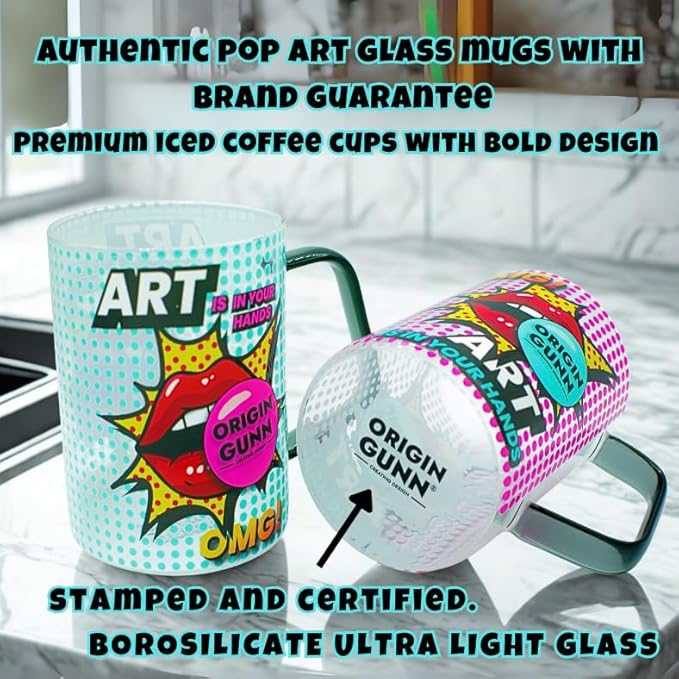 Origin Gunn 17oz Glass Coffee Mugs Set of 2 – Pop Art colorful design, borosilicate glass lightweight cups – dishwasher safe, large coffee mugs gift-ready box for coffee lovers