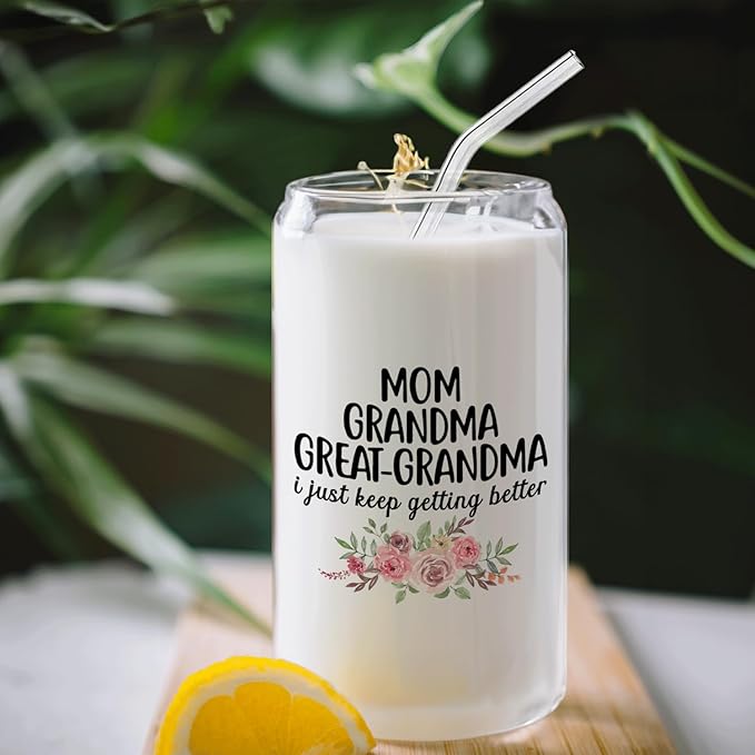 Great Grandma GiftsBaby Announcement Glass Cup with Lids and Straws 14oz, Pregnancy Announcement for Great Grandma, Glass Coffee Tumbler Drinking Jars with Cleaning Brush