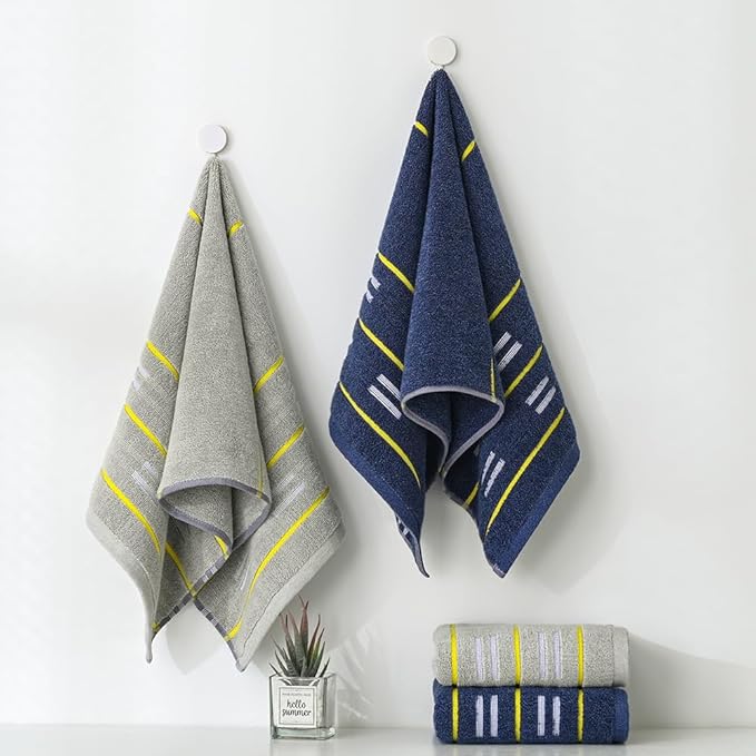 YiLUOMO Blue Hand Towels Yellow Striped Design Set of 2 Super Soft 100% Terry Cotton Highly Absorbent Decorative Hand Towel for Bathroom 13 x 29 Inch