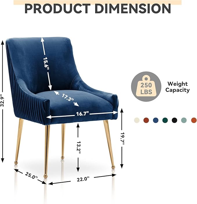 Dining Chairs, Accent Chairs Set of 6, Modern Upholstered Kitchen Dining Chairs with Gold Legs, Fabric Tufted Velvet Living Room Chairs for Reception Room Bedroom Kitchen(Navy Blue)