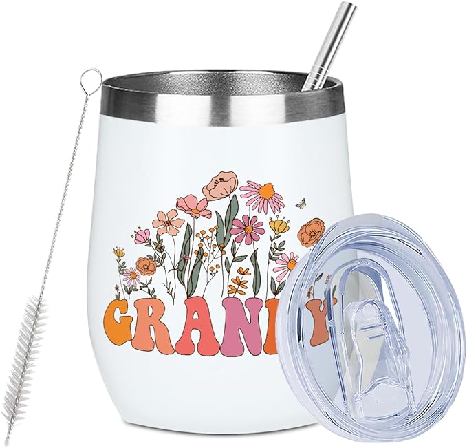 Granny Grandma Birthday Gifts Wine Tumbler 12 oz Insulated Wine Glass Cup with Lid Straw Vacuum Insulated Travel Cup,Grandma Gifts from Granddaughter for Women Grandmother Christmas Mothers Day
