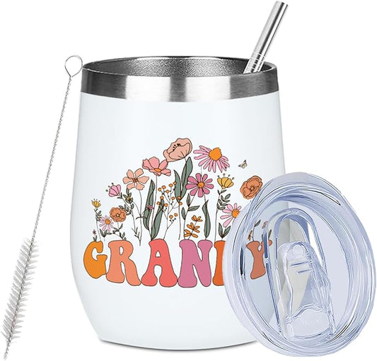 Granny Grandma Birthday Gifts Wine Tumbler 12 oz Insulated Wine Glass Cup with Lid Straw Vacuum Insulated Travel Cup,Grandma Gifts from Granddaughter for Women Grandmother Christmas Mothers Day