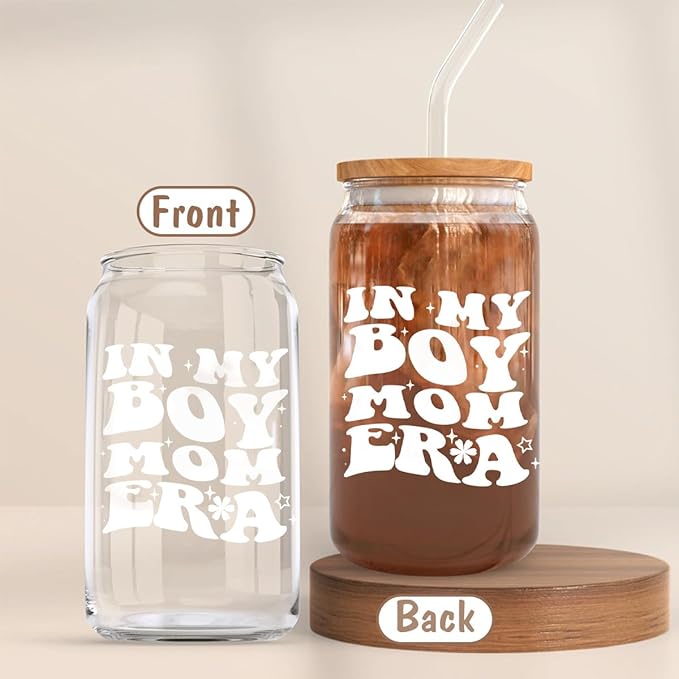 In My Boy Mom Era Cup - 16oz Glass Cup with Lid and Straw, Gift for Moms, Pregnant Moms, Drinking Cup for Christmas and Mother's Day