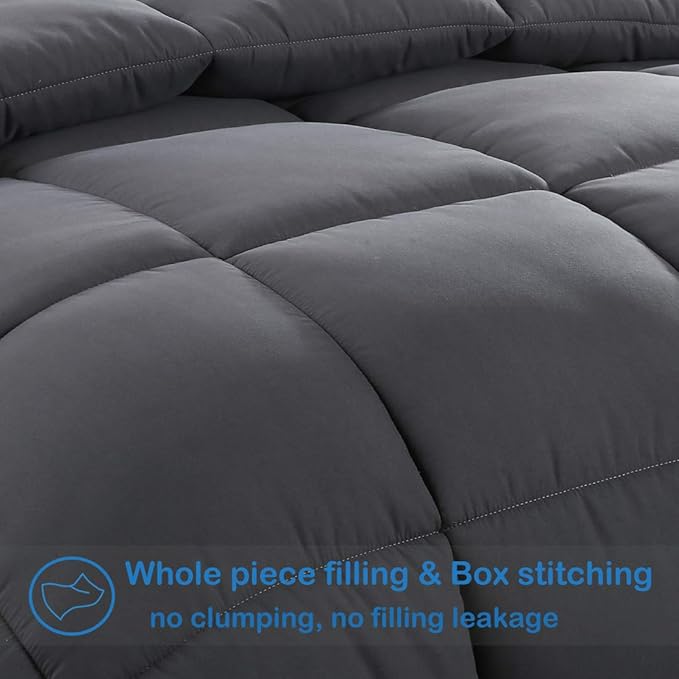 EASELAND Down Alternative Comforter Queen Size - Quilted Duvet Insert for All Seasons, Soft Cozy with Corner Tabs, Summer Winter Warm Bedding, Dark Grey 88×88