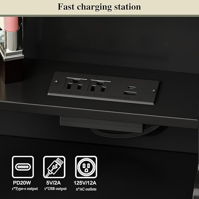 Makeup Vanity Desk with Mirror and Lights, Vanity Desk with 8 Drawers & Storage Shelves, Vanity Table with Power Outlet, 3 Color Modes & Adjustable Brightness Dressing Table, Bedroom,Jet